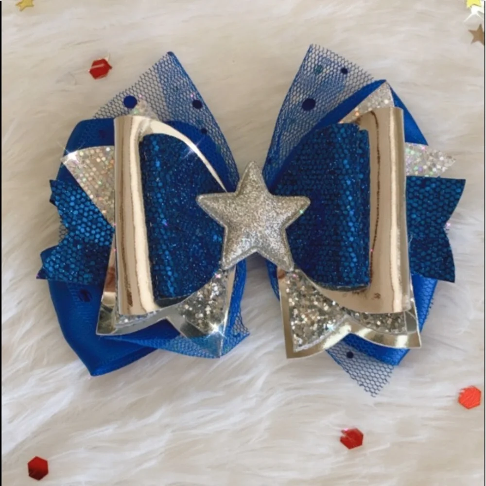 Handmade Star Hair Bow Kids Girls Blue Faux Leather
